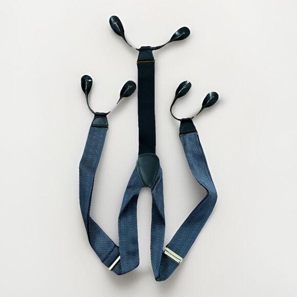 Roundtree & Yorke Black And Blue Chevron Stripes Suspenders Leather Loops - Picture 1 of 9